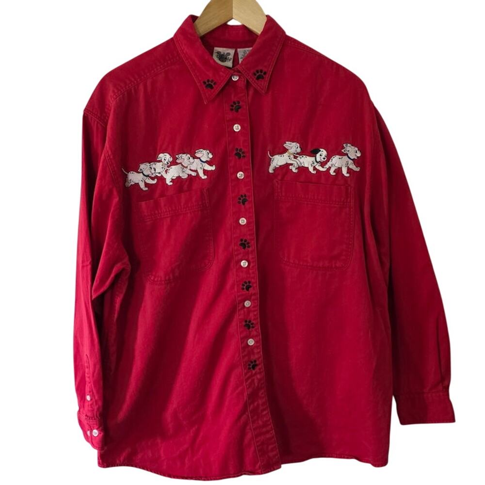 Disney Women's 101 Dalmatians Long-Sleeve Button-Up Red Shirt XXL Embroidered